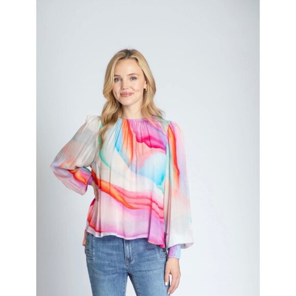 APNY Sustainable Fabric Boho 70s Hippie Rainbow Modern Blouse S Artsy Top New - Picture 1 of 12